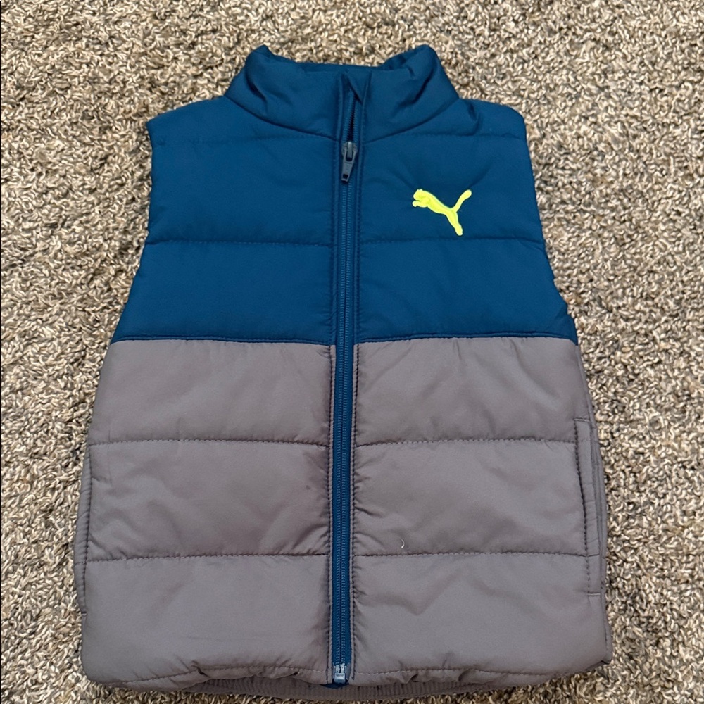 Puma Boys' Blue and Gray Quilted Vest with Neon Logo